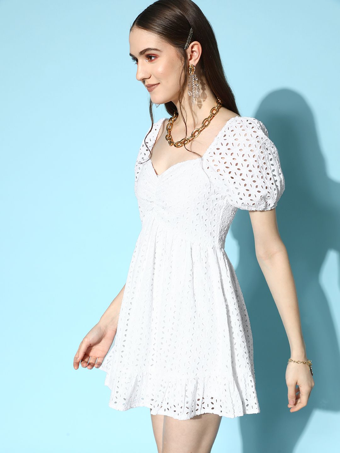 Berrylush White Solid Ruched Schiffli A-Line Mini Dress