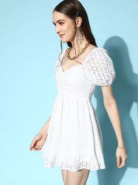 Berrylush White Solid Ruched Schiffli A-Line Mini Dress
