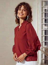 SASSAFRAS Rust V-Neck Puff Sleeves Ruffled Top