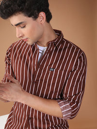The Indian Garage Co Men Brown & White Slim Fit Striped Casual Shirt