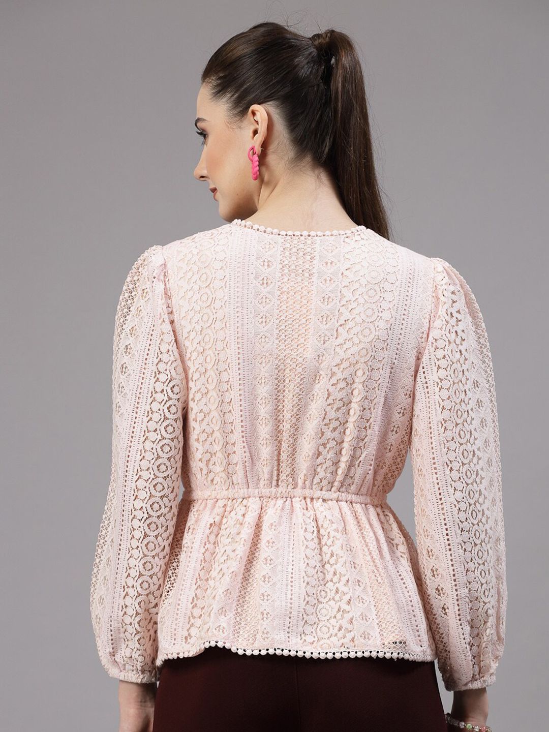 Style Quotient Self Design V-Neck Puff Sleeve Lace Up Cotton Wrap Top