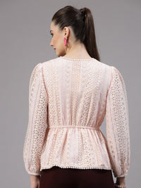 Style Quotient Self Design V-Neck Puff Sleeve Lace Up Cotton Wrap Top