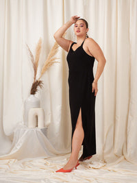 Berrylush Curve Plus Size Black Shoulder Straps Split Thigh Maxi Dress