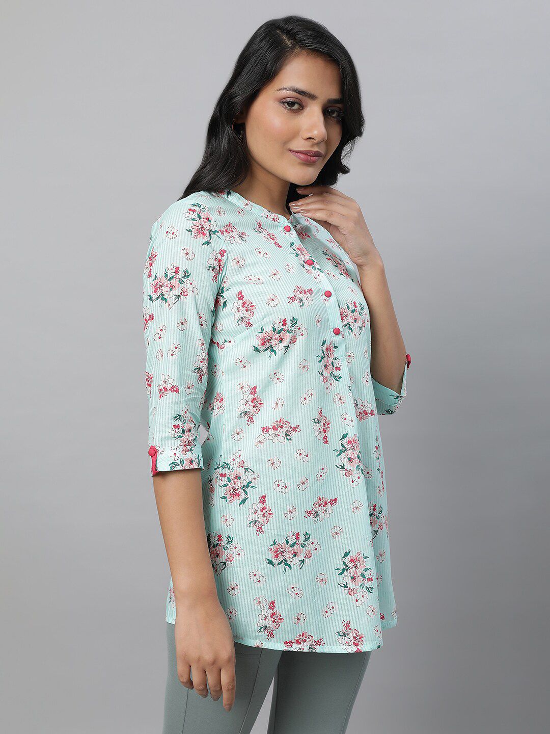AURELIA Floral Printed Pure Cotton Pleated Kurti