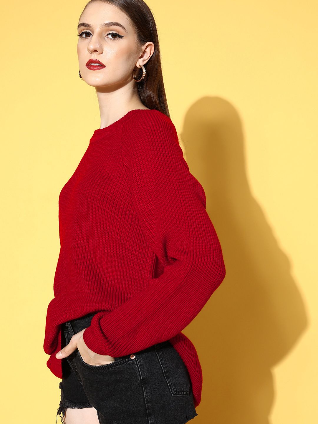 Berrylush Women Stunning Red Solid Knits Bits Sweater
