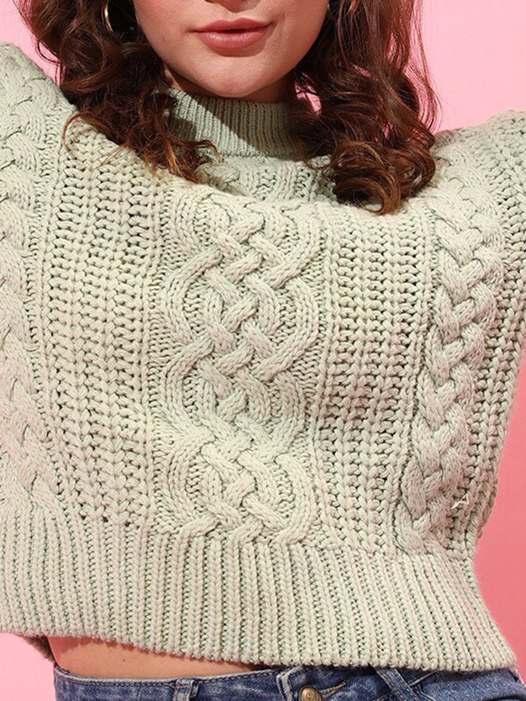 STREET 9 Women Green Acrylic Cable Knit Pullover Sweater