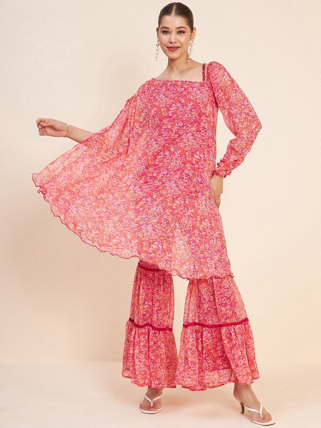 Antheaa Pink Floral Printed A-Line Kurta With Sharara