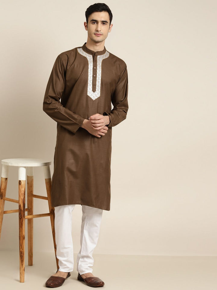 SOJANYA Men Olive Brown Solid Pure Cotton Kurta