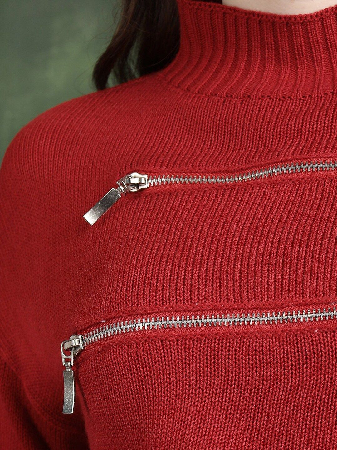 Tokyo Talkies Red High Neck Acrylic Crop Pullover