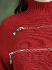 Tokyo Talkies Red High Neck Acrylic Crop Pullover