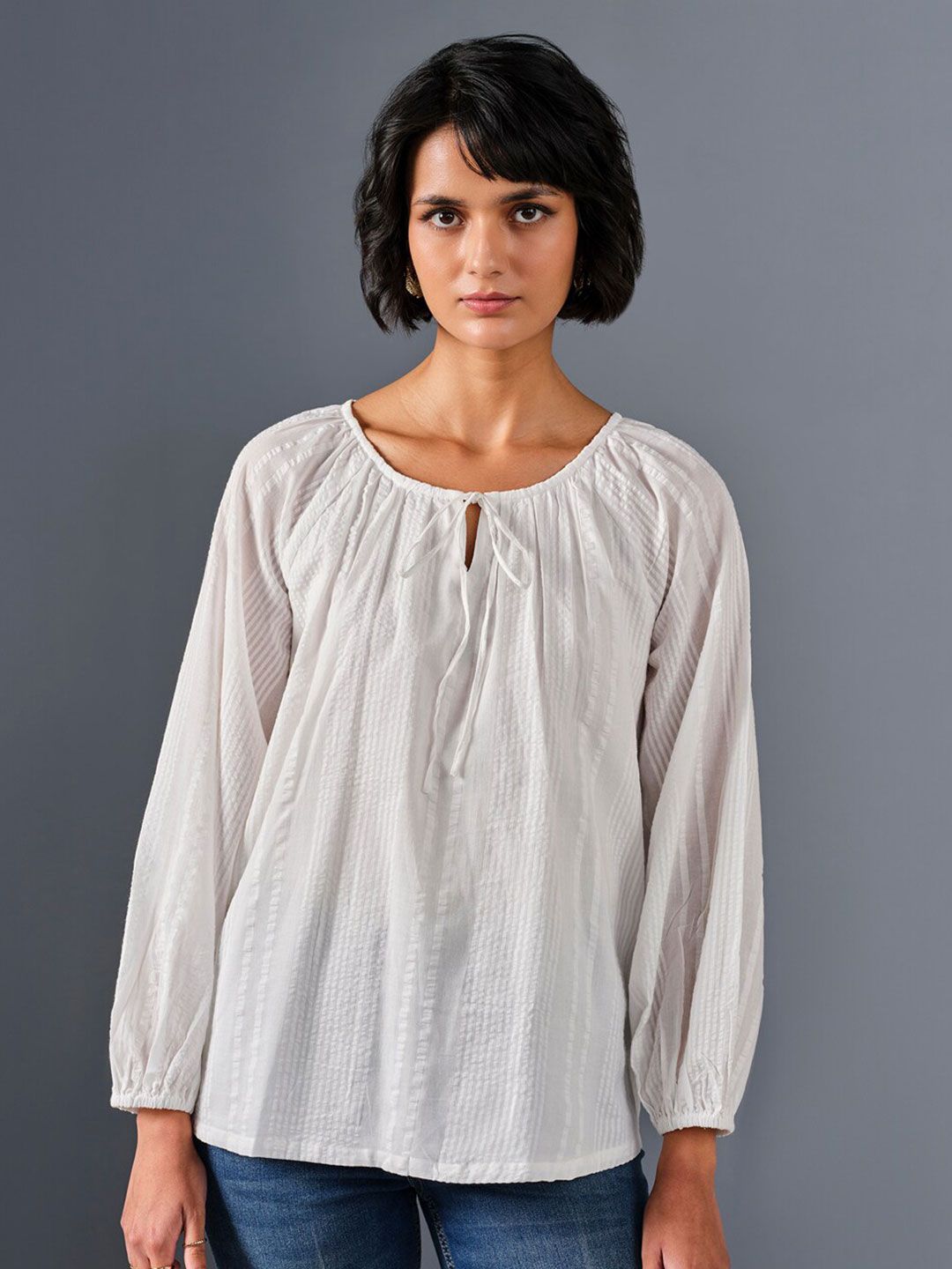 AND Tie-Up Neck Puff Sleeve Pure Cotton  A-Line Top