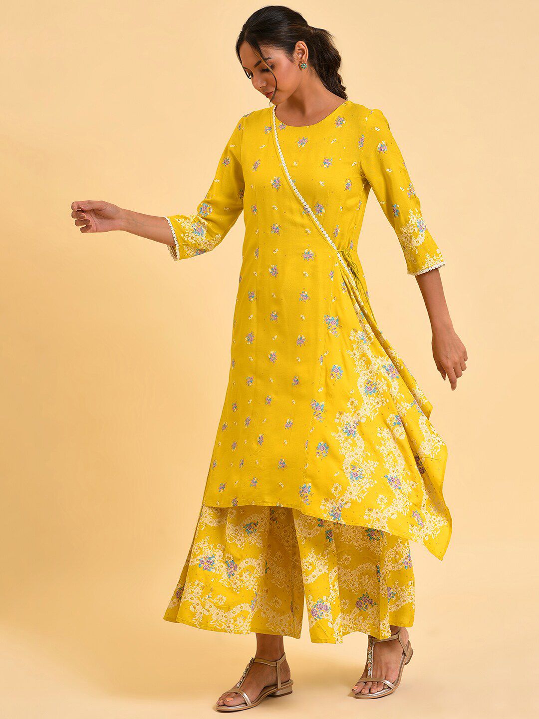 W Yellow & Pink Floral Printed Culotte Jumpsuit