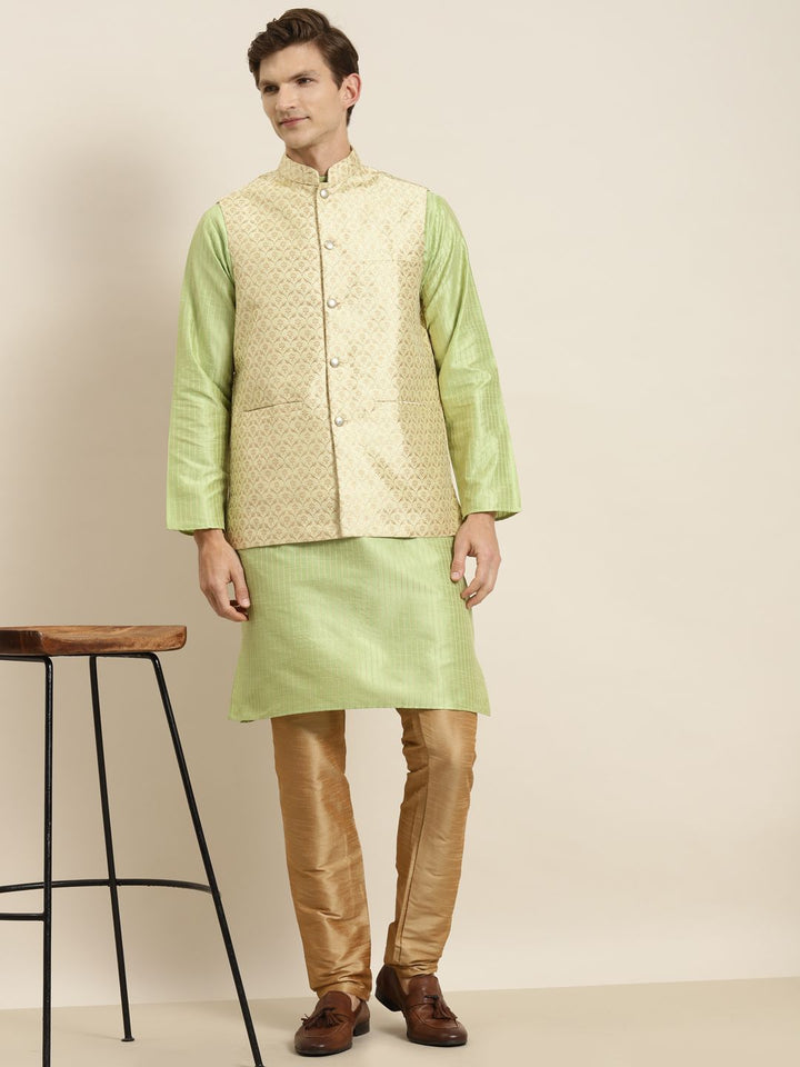 SOJANYA Men Green Striped Kurta with Churidar & Nehru Jacket