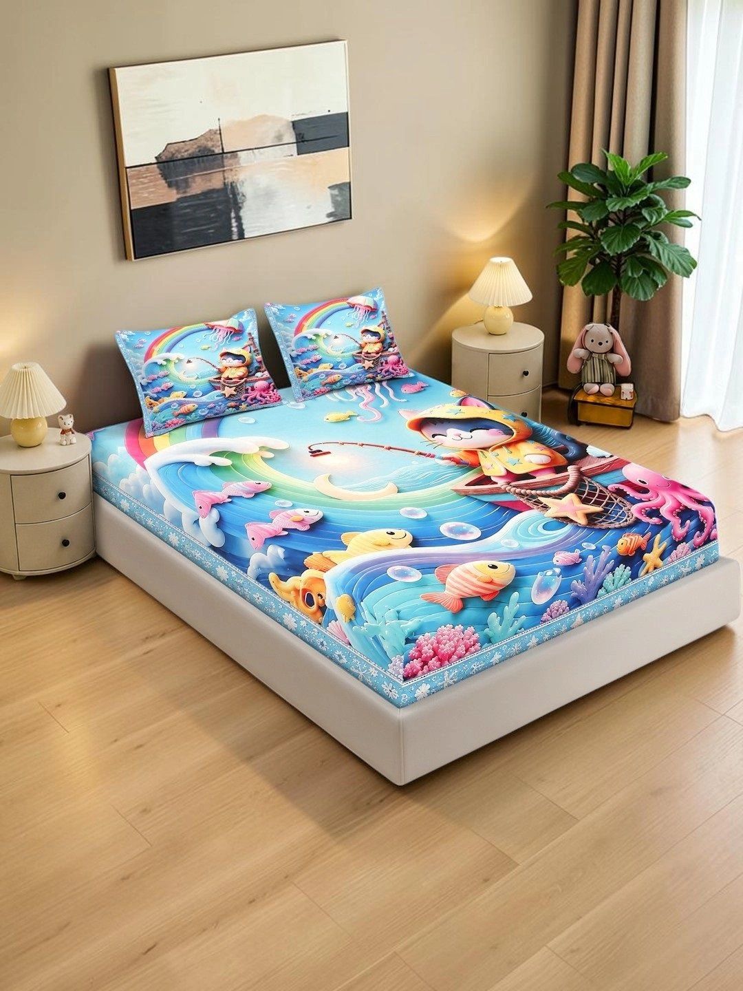 KLOTTHE Blue & Multicoloured Cartoon Characters 400 TC King Bedsheet with 2 Pillow Covers