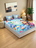 KLOTTHE Blue & Multicoloured Cartoon Characters 400 TC King Bedsheet with 2 Pillow Covers