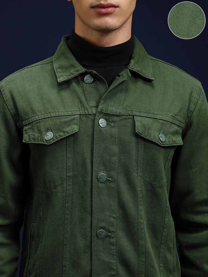 Highlander Men Jaket Denim Pepejal Hijau