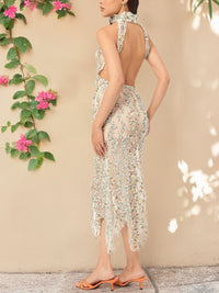 DressBerry Modern Vintage Ruffle Trims Sheer Net Backless Midi Dress