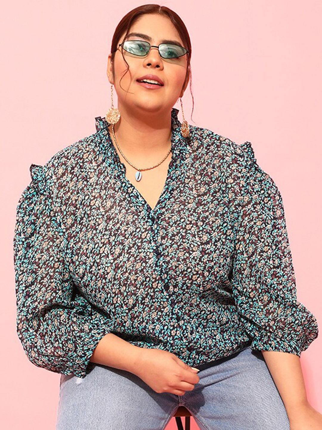 CURVY STREET Plus Size Floral Printed Puff Sleeves Satin Top