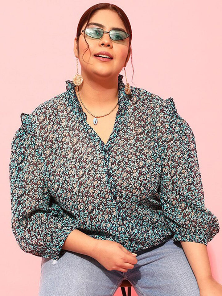 CURVY STREET Plus Size Floral Printed Puff Sleeves Satin Top