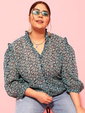CURVY STREET Plus Size Floral Printed Puff Sleeves Satin Top