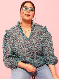 CURVY STREET Plus Size Floral Printed Puff Sleeves Satin Top