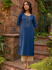 Libas Round Neck Ethnic Motifs Embroidered Dobby Straight Kurta