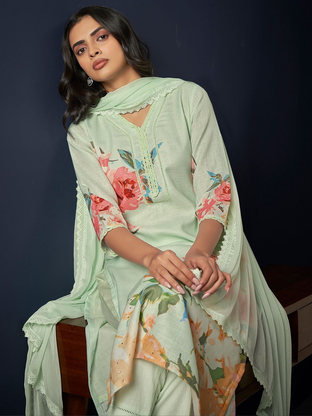 Indo Era Floral Printed Regular Linen Straight Kurta With Trousers & Dupatta