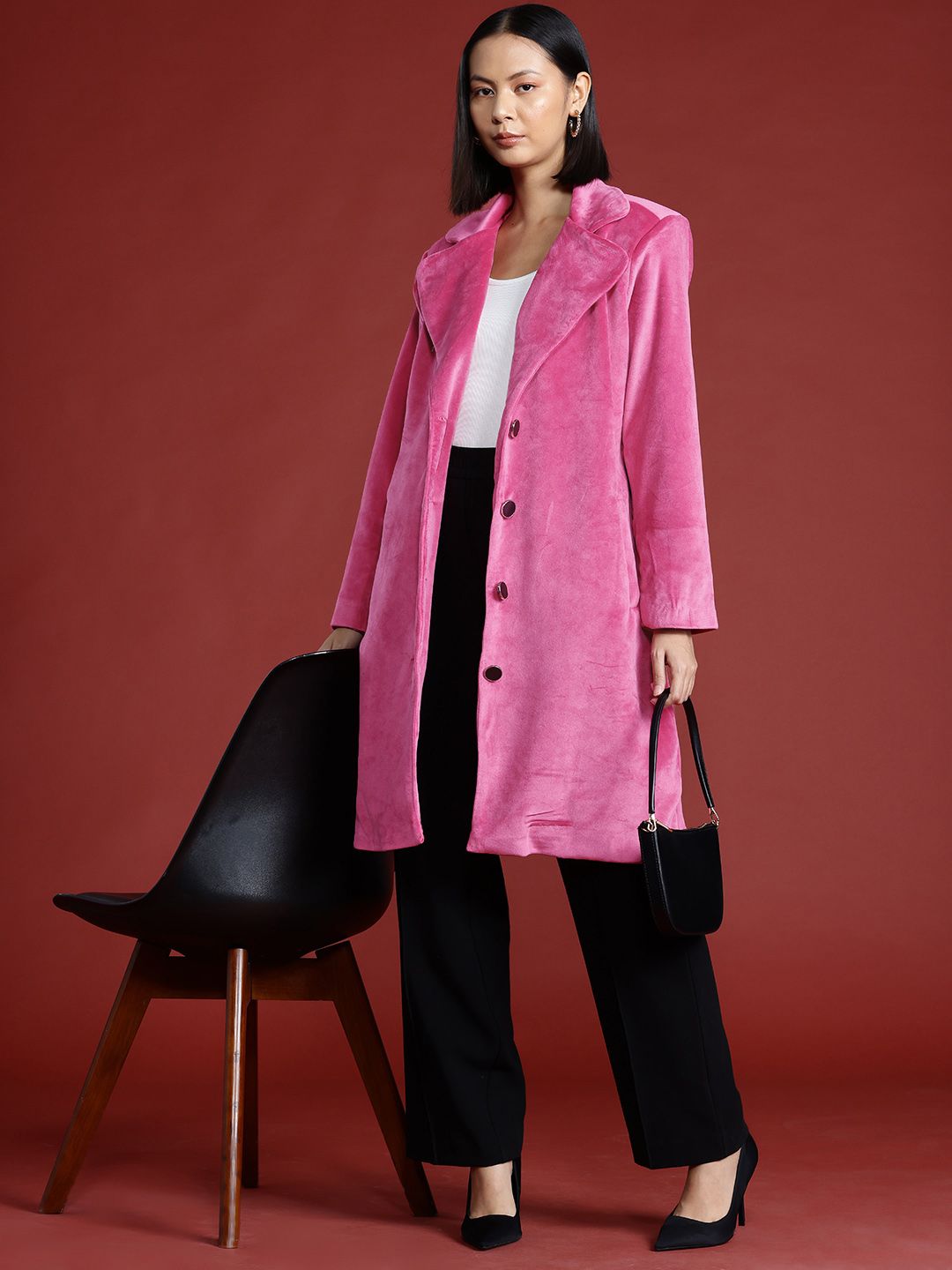 all about you Notched Lapel Collar Velvet Finish Overcoat