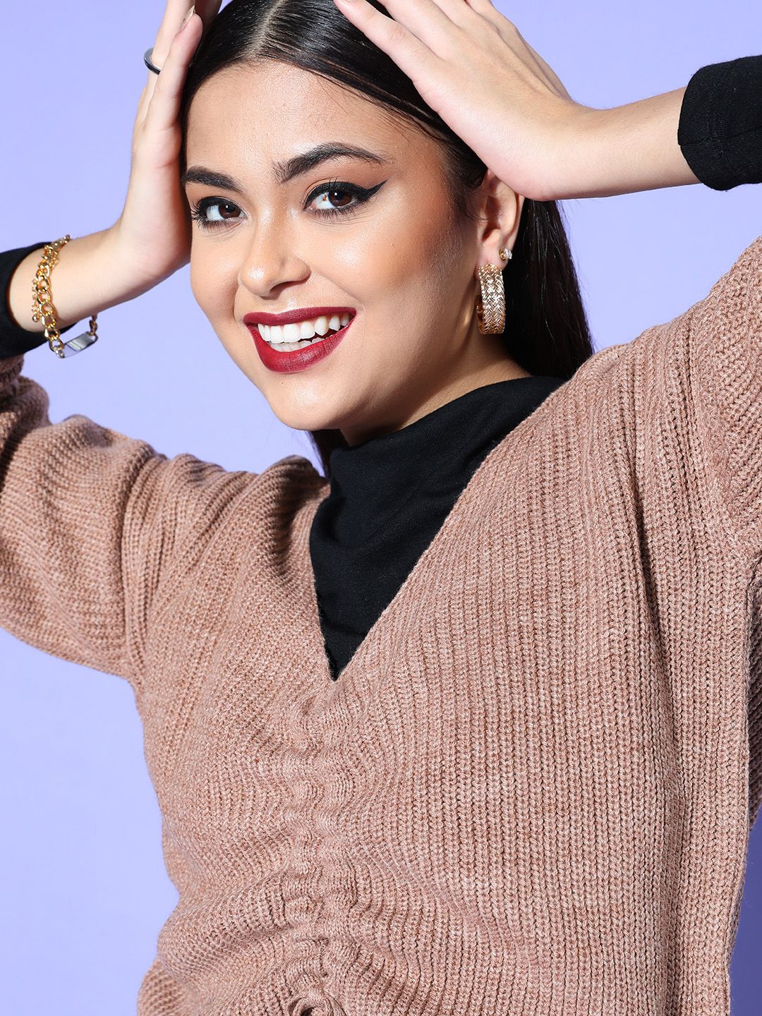 Berrylush Women Peach Solid Knits Bits Sweater