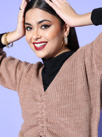 Berrylush Women Peach Solid Knits Bits Sweater