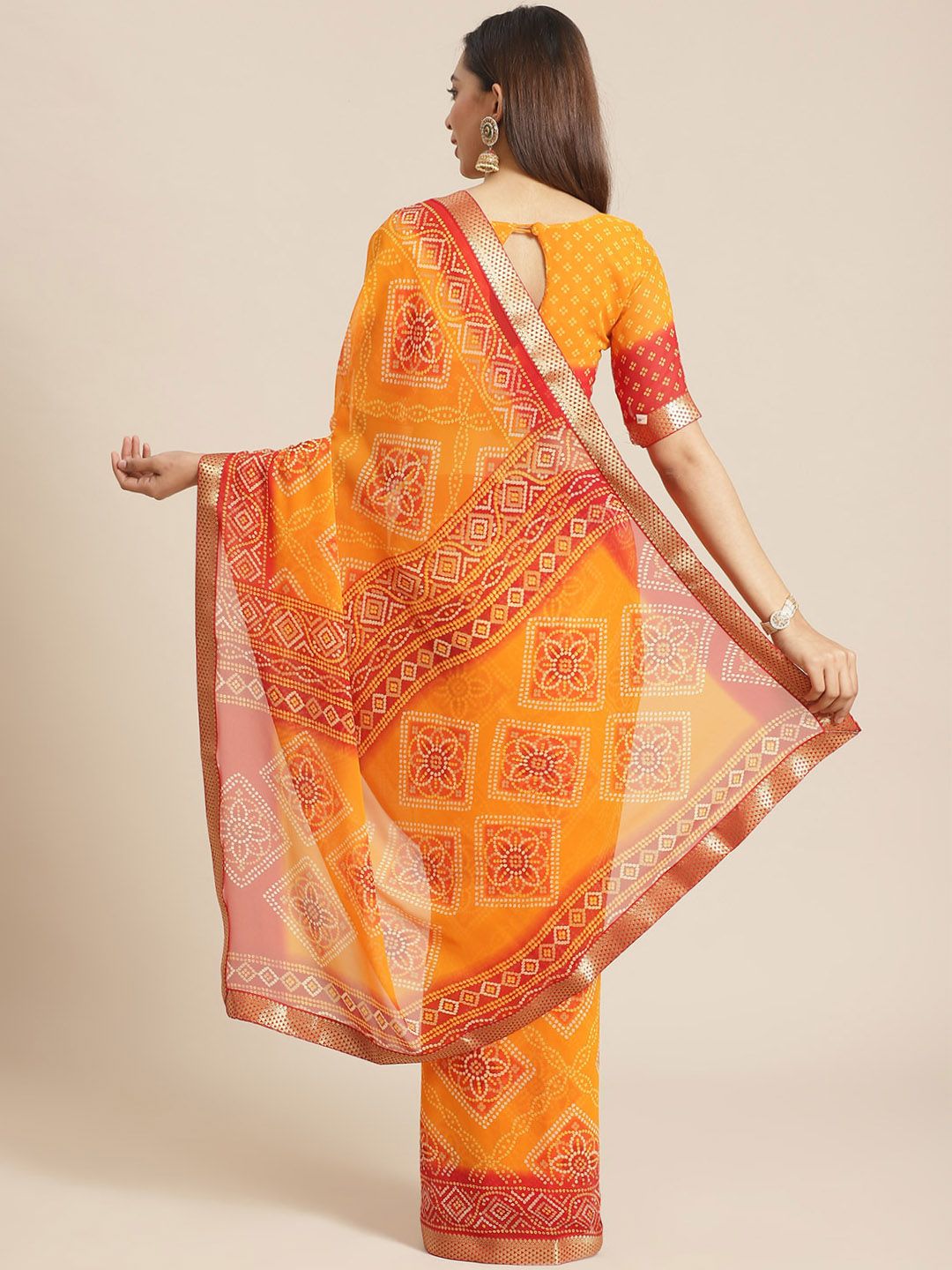 Saree mall Orange & Red Printed Bandhani Saree