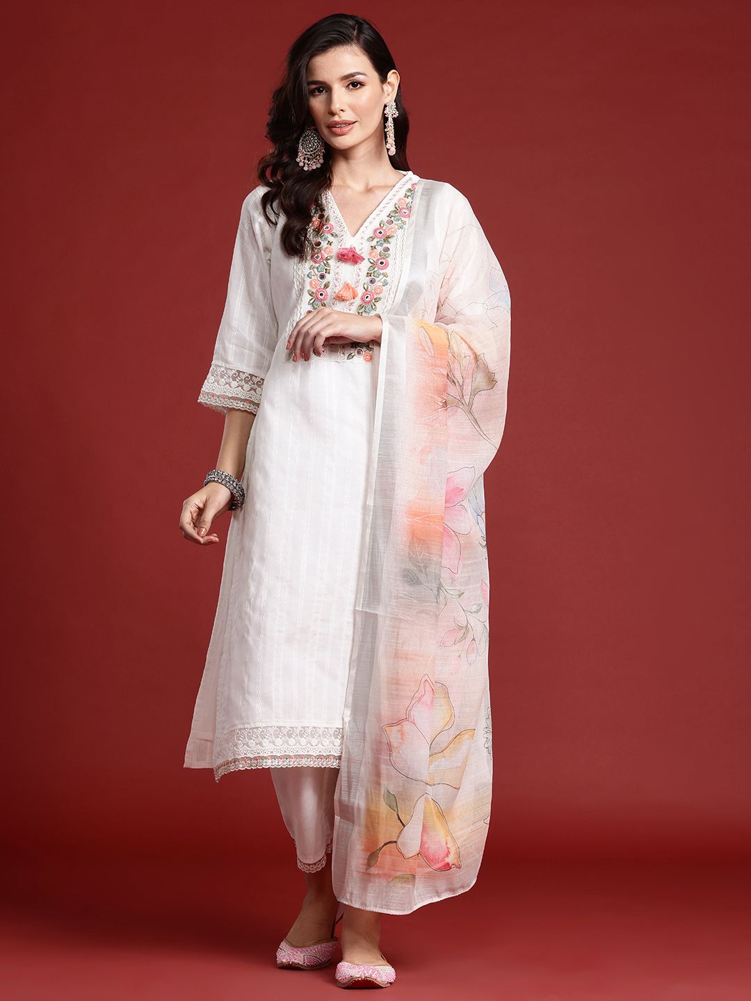 Indo Era Floral Embroidered & Embellished Pure Cotton Kurta with Trousers & Dupatta