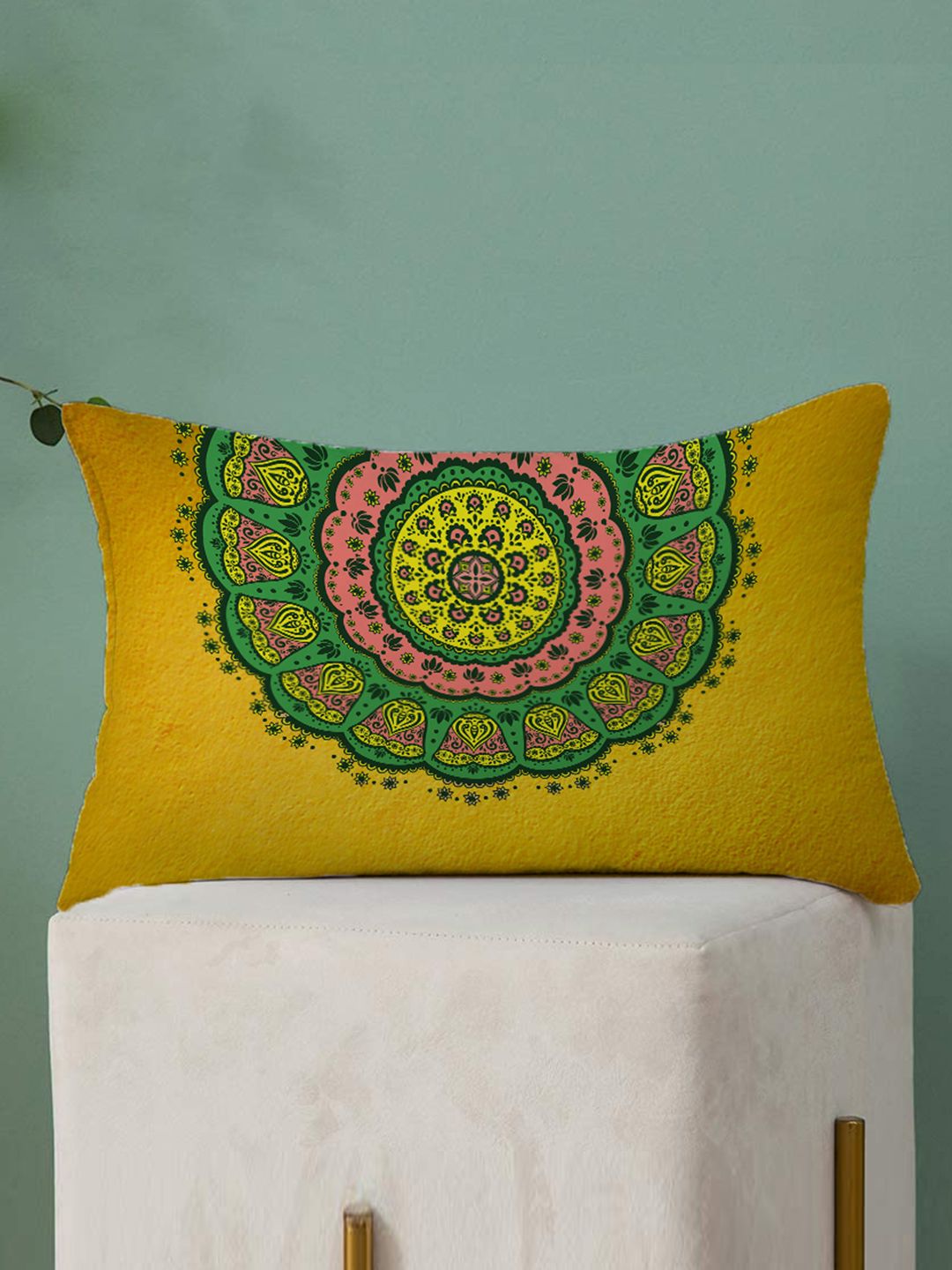 STITCHNEST Pack Of 2 Yellow Ethnic Motifs Printed Rectangle Cushion Cover