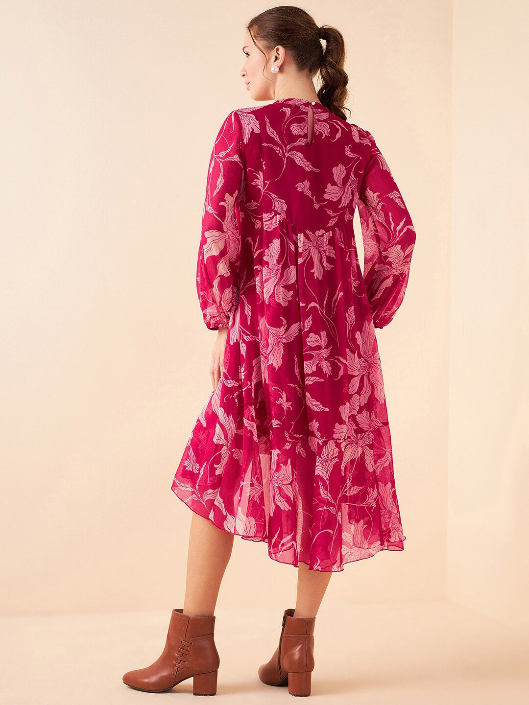 Antheaa Floral Printed High Neck Puff Sleeves Pleated Detailed Chiffon A-Line Midi Dress