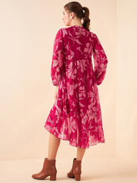 Antheaa Floral Printed High Neck Puff Sleeves Pleated Detailed Chiffon A-Line Midi Dress