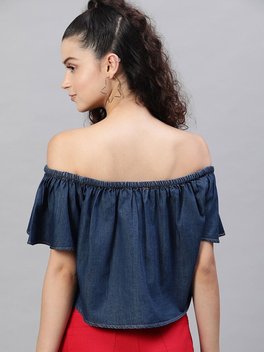 STREET 9 Navy Blue Pure Cotton Solid Denim Bardot Crop Top