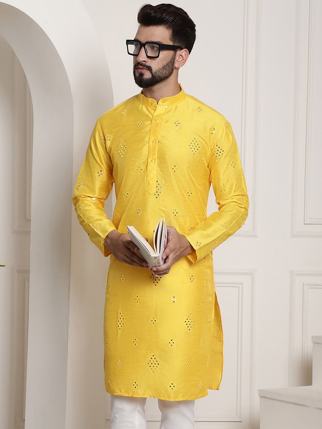SOJANYA Embellished Mirror Work Detailed Band Collar Cotton Silk Kurta