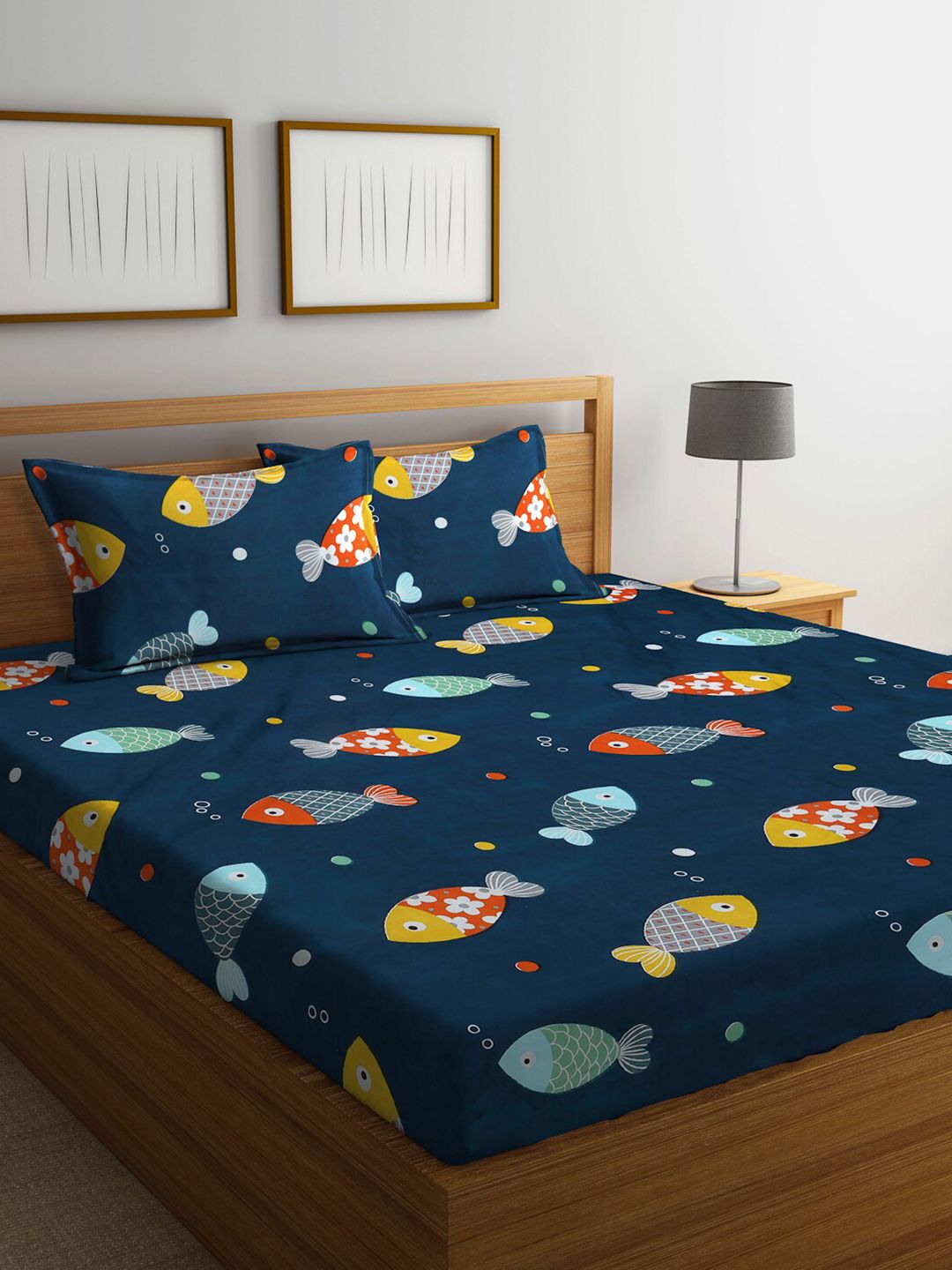 KLOTTHE Ruby Blue Cartoon Flat 300 TC King Fine Bedsheet with 2 Pillow Covers-250 x 220 cm