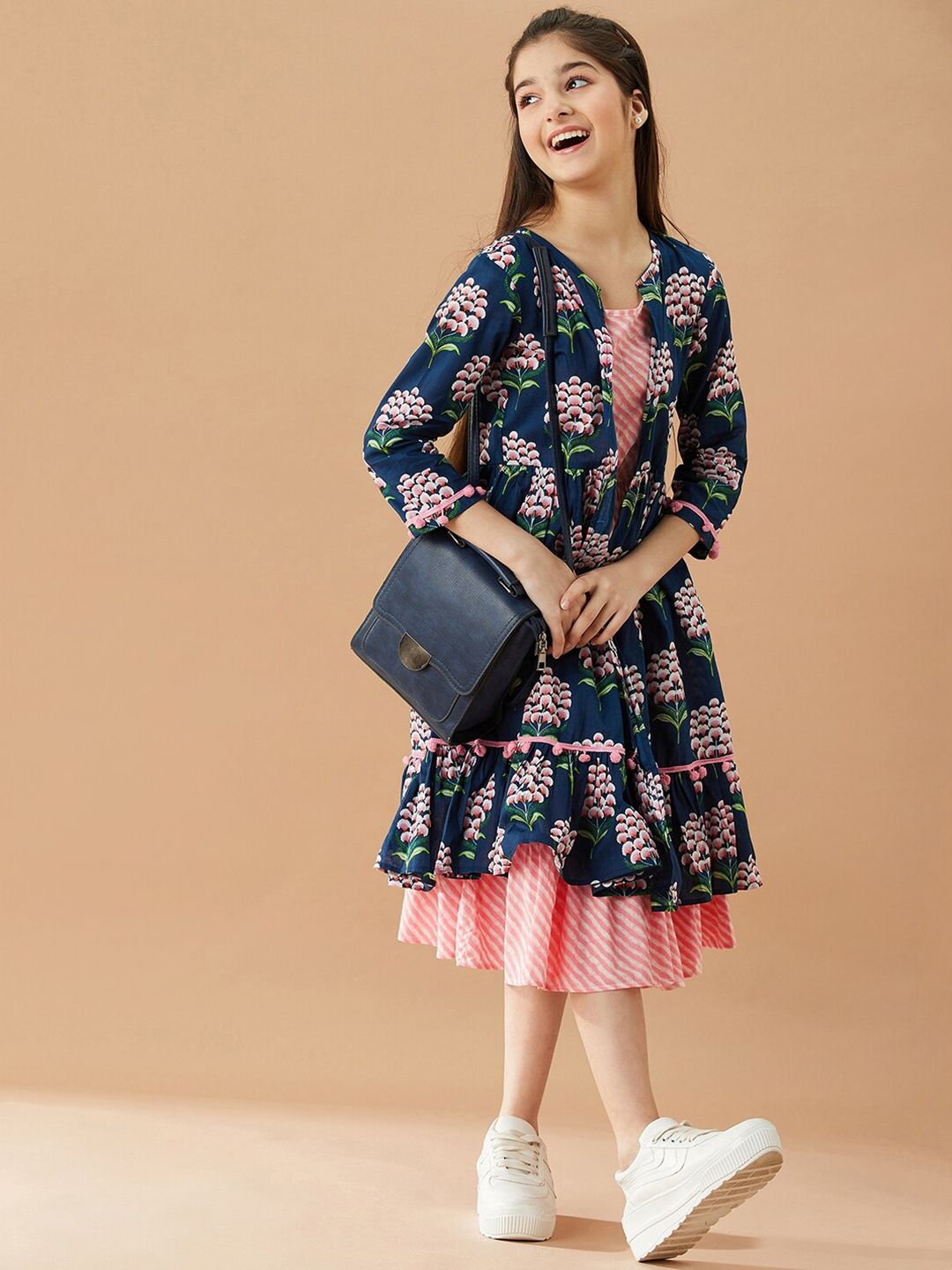 pspeaches Girls Striped A-Line Midi Cotton Dress