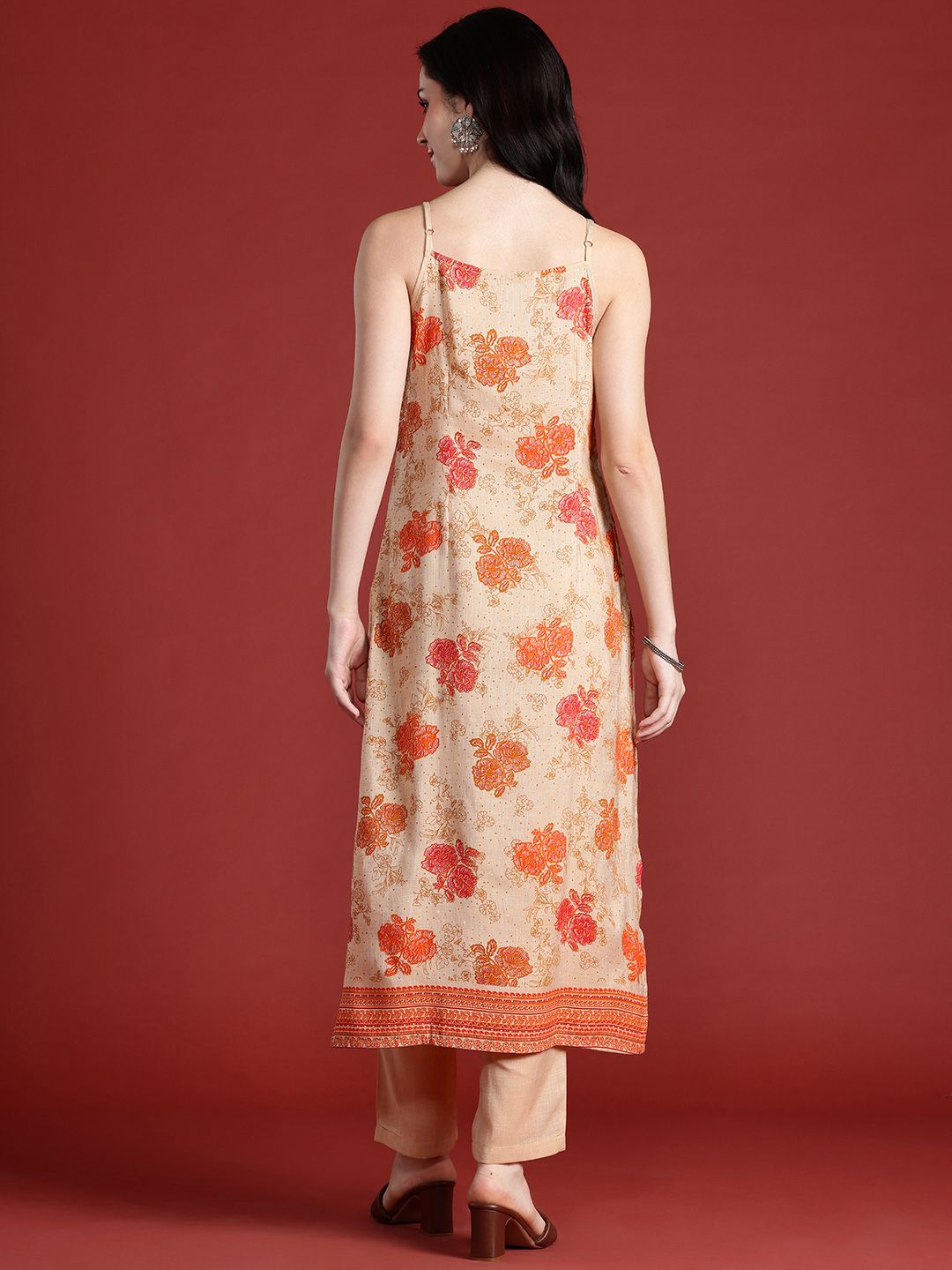 Anouk Floral Printed Shoulder Straps Straight Kurta with Trousers