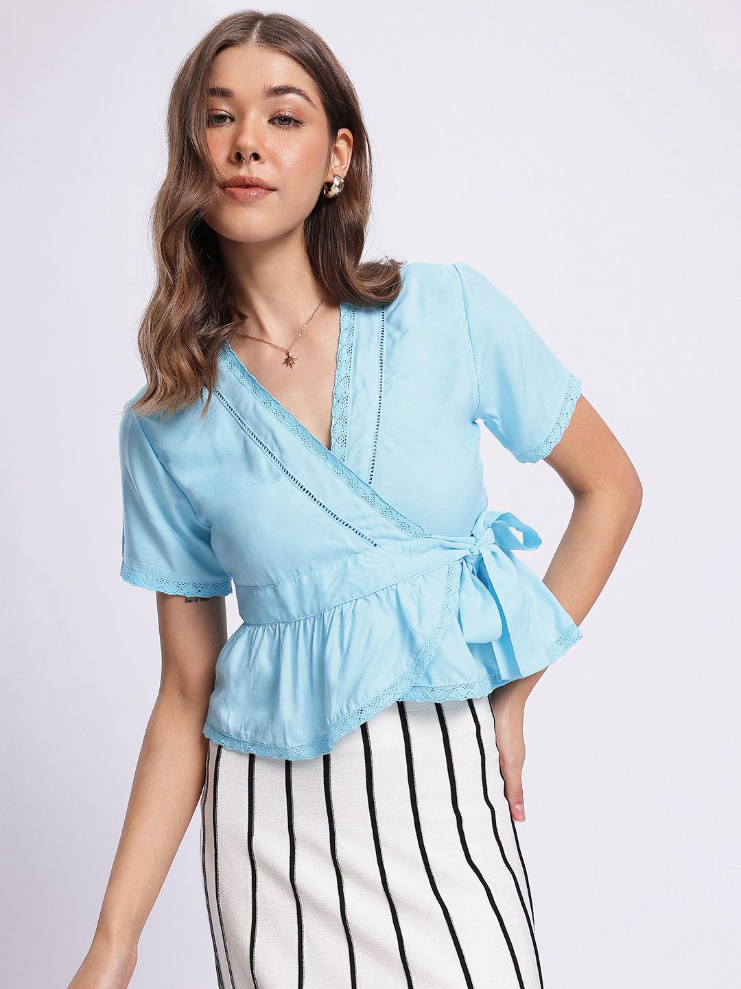 DressBerry Ocean Cool Lace Inserts Detail Wrap Top