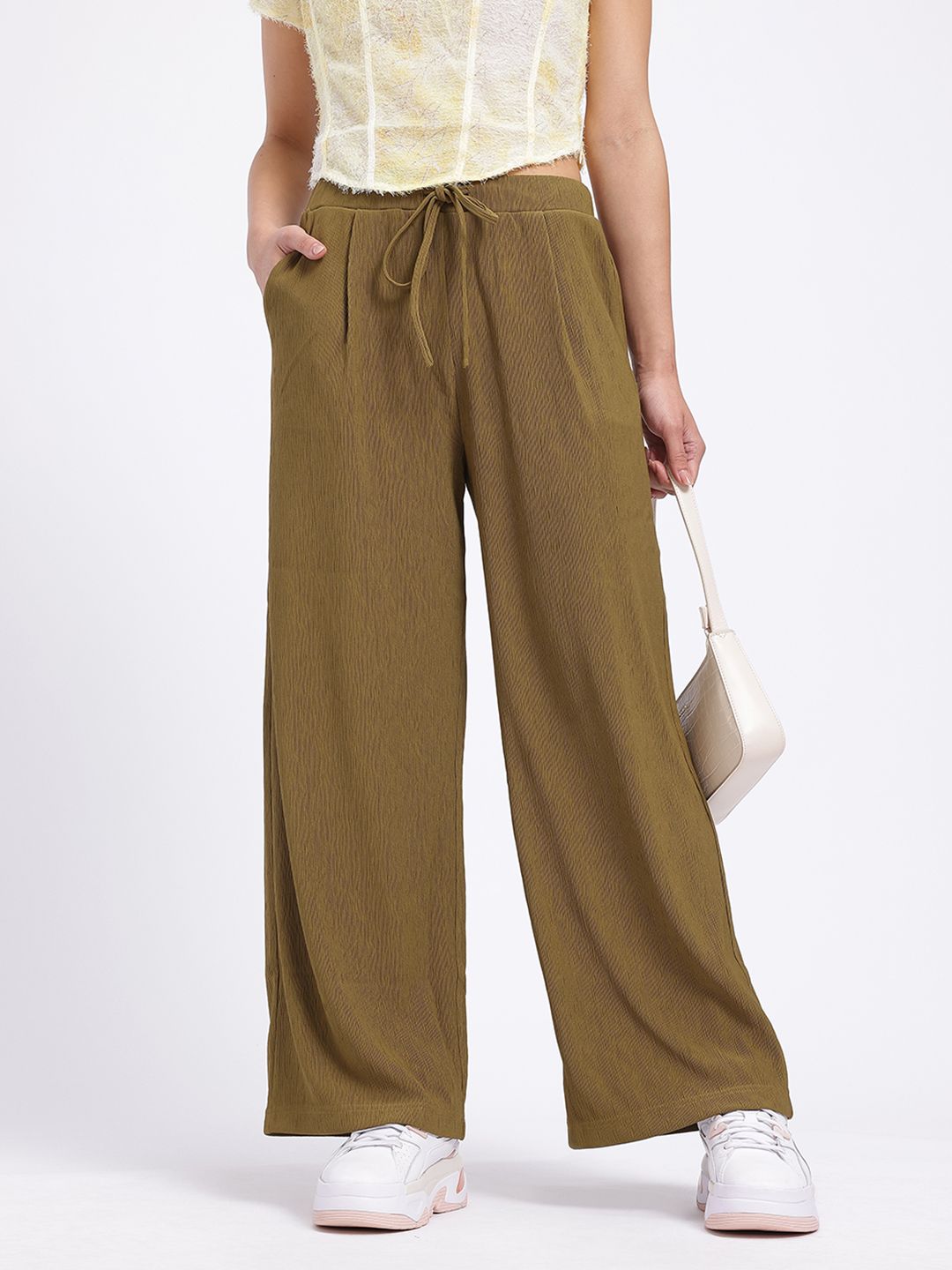 DressBerry Women Wrinkled Stripes Mid-Rise Flared Fit Wide Leg Trousers