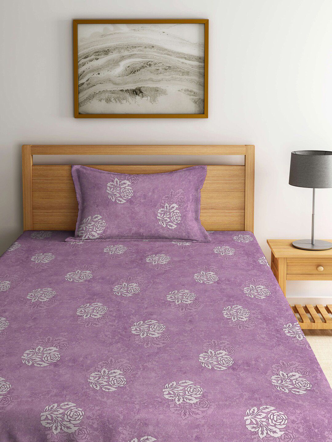 KLOTTHE Purple & White Floral-Printed 400TC Pure-Cotton Fitted Single Bedsheet Set