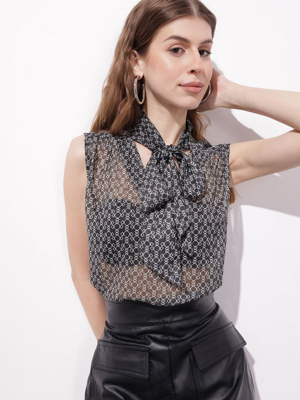 DressBerry Get Trippy Bow Down Sheer Top