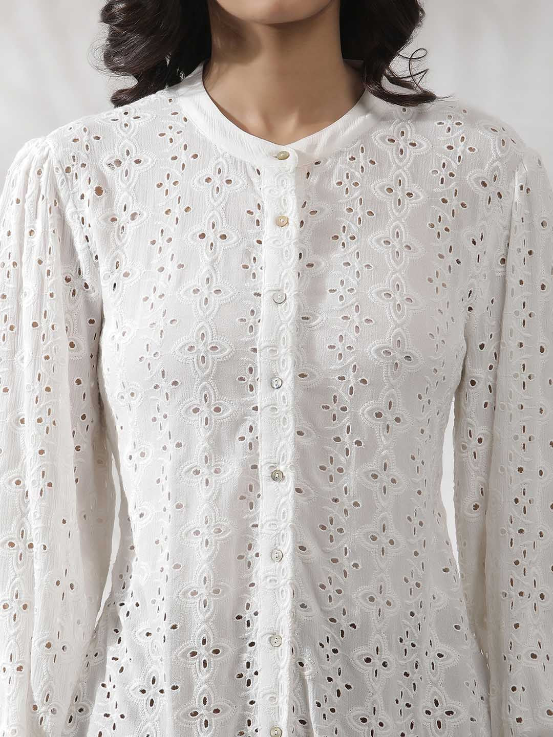 W Self Design Mandarin Collar Puffed Sleeves Shirt Style Top