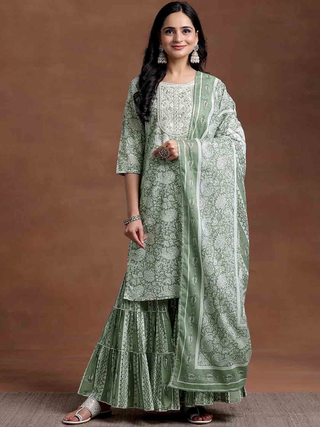 Libas Floral Printed Round Straight Pure Cotton Kurta & Sharara With Dupatta