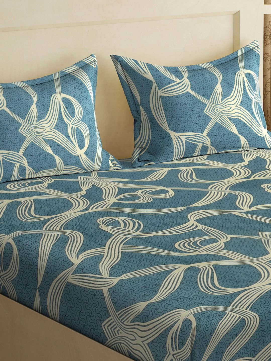 Myntra Elegant Homes Biru & Beige Printed 300 TC Set Cadar King- 250 sm x 225 cm