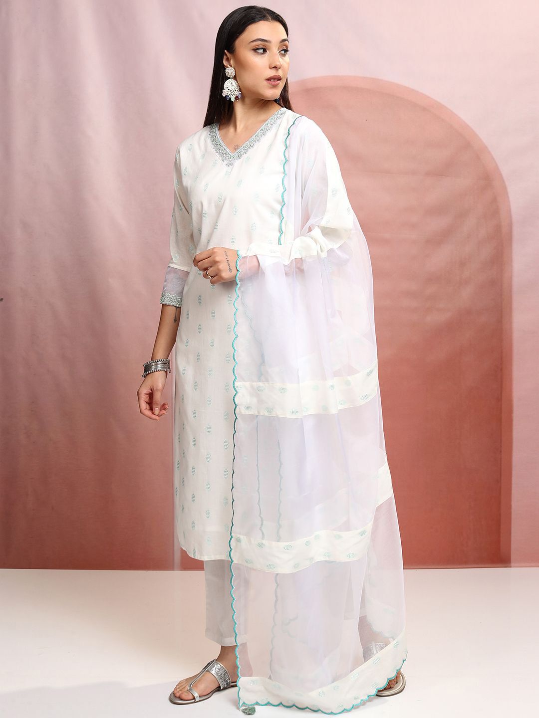 Vishudh White Ethnic Motifs Printed Pure Cotton Straight Kurta & Trousers With Dupatta