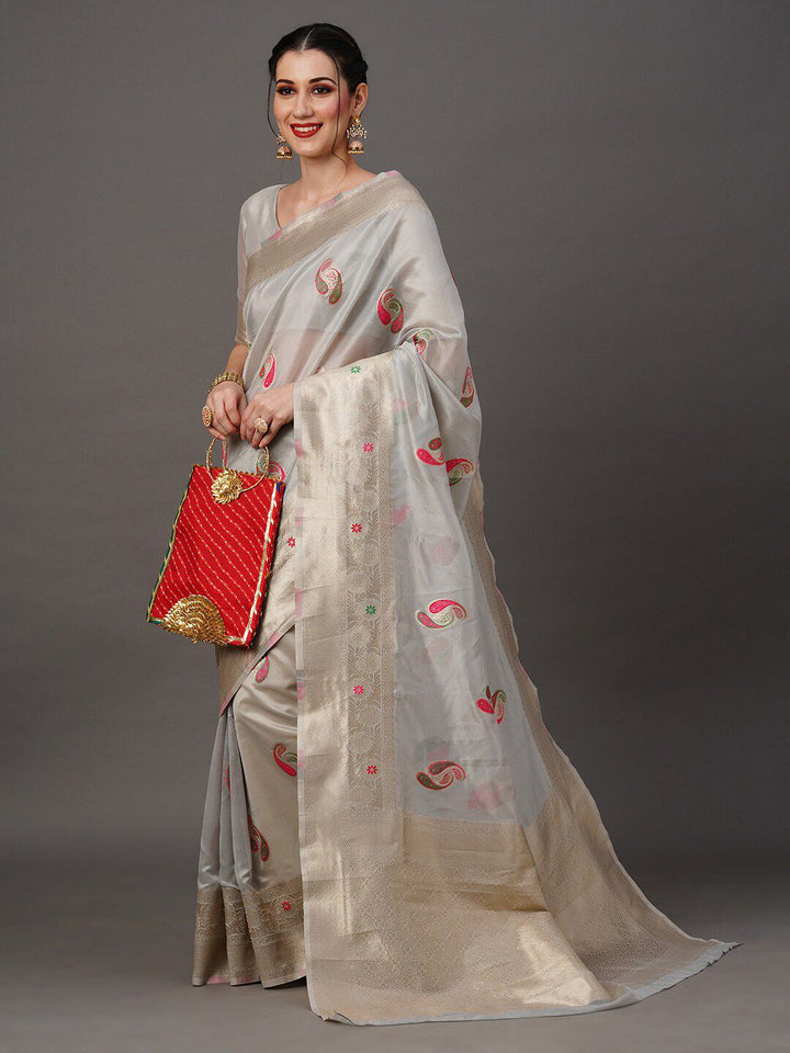 Saree mall Grey & Pink Paisley Woven Design Zari Organza Banarasi Sarees