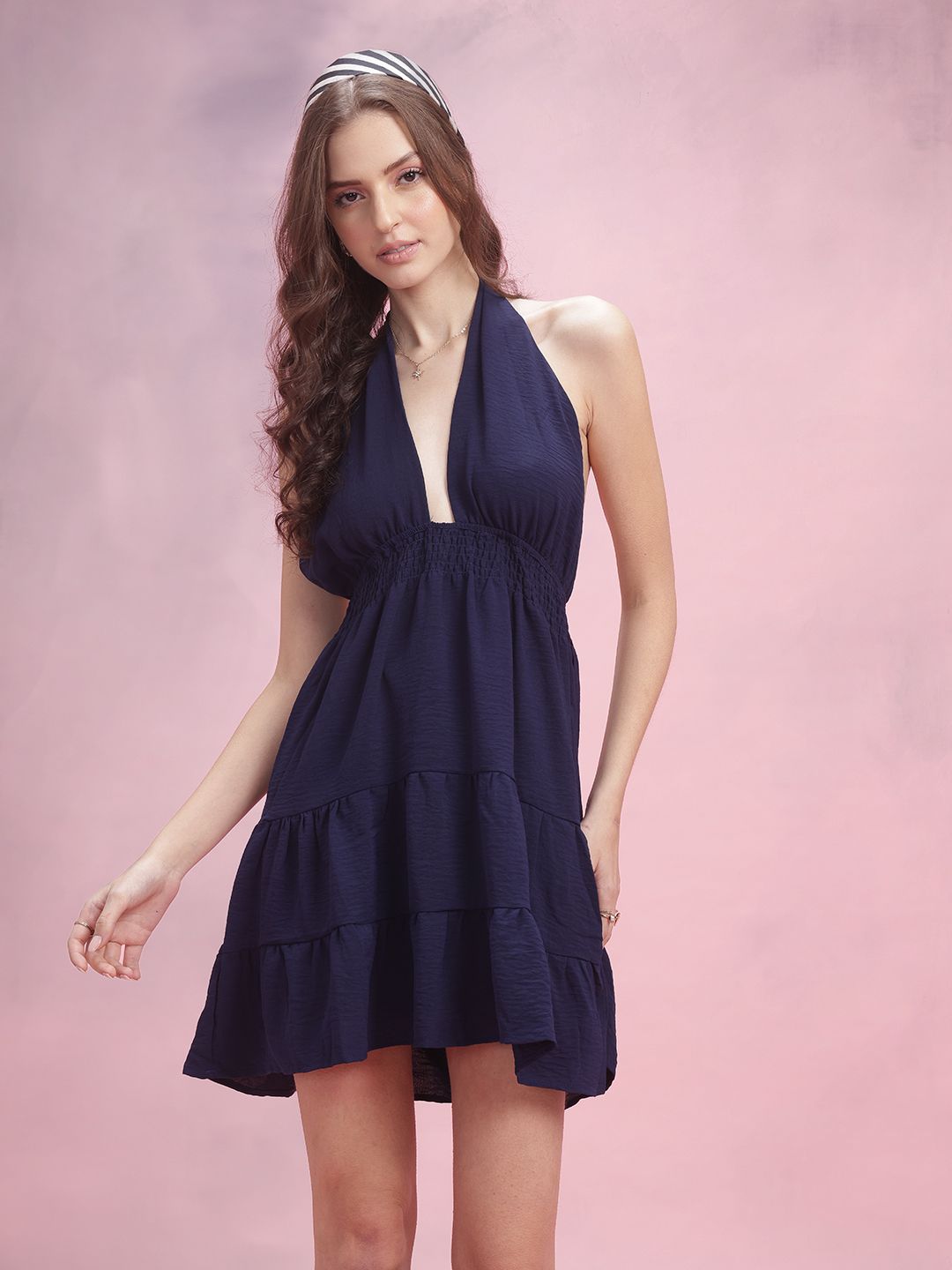 DressBerry Halter Neck Backless Crinkled Tiered A-Line Mini Dress